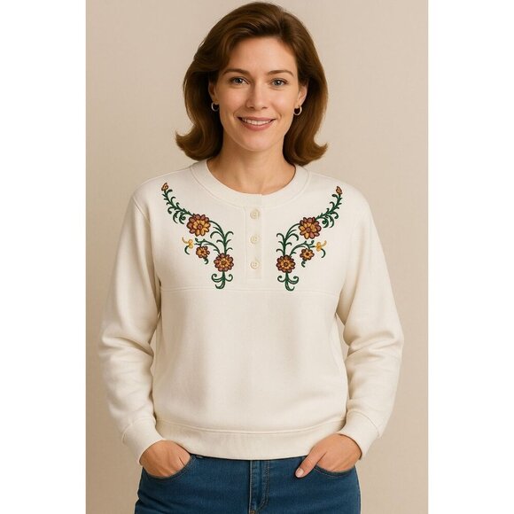 Vintage BonWorth Floral Embroidered Fleece Sweater X-Large White Preppy Classic - Picture 1 of 6